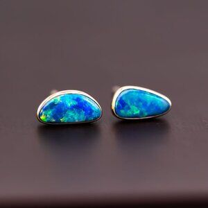 Minimalist Free Shaped Australian Doublet Opal Stud Earrings 18K Yellow Gold